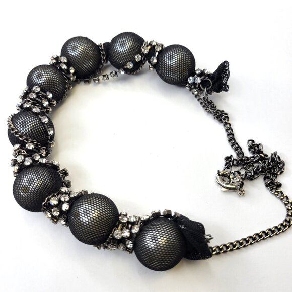 Black Mesh Balls and Crystal Choker Bib Necklace - Picture 2 of 4